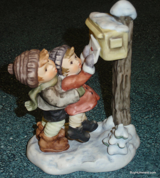 "Sending Season's Greetings" GOEBEL BERTA HUMMEL Figurine BH276 - Brother And Sister Mailing A Letter On Snowy Day!