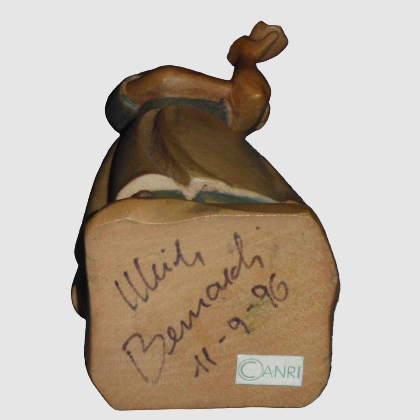 "Farm Woman Eating Fruit" Anri Wood Carving Figurine - Signed (5")