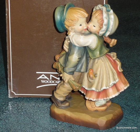 Anri Italy Ferrandiz “First Kiss” Limited Edition Wood Carving Figurine 7" With Original Box - Little Girl Giving Boy Her First Kiss - GIFT!