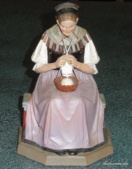 1950s ANRI Hand Carved Seated Woman Knitting Signed M.K. Kaslatter RARE FIND!