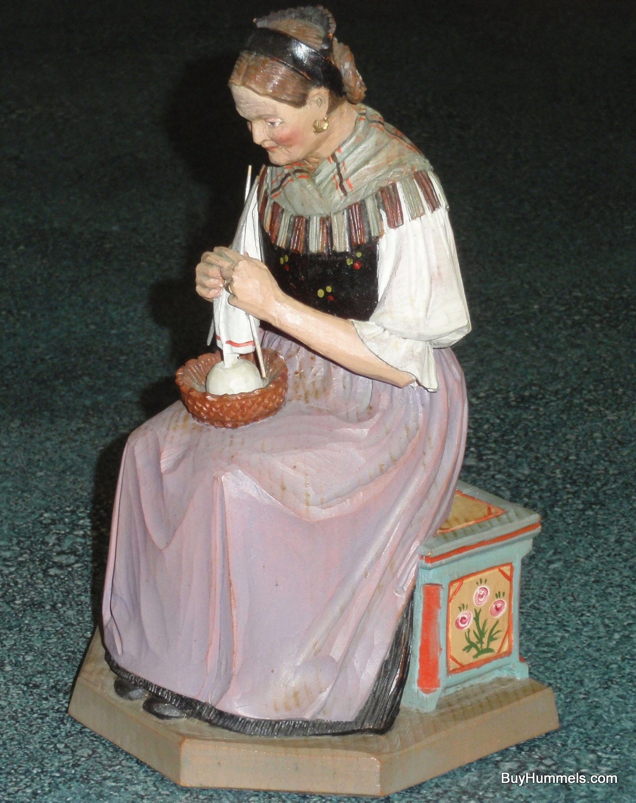 1950s ANRI Hand Carved Seated Woman Knitting Signed M.K. Kaslatter RARE FIND!