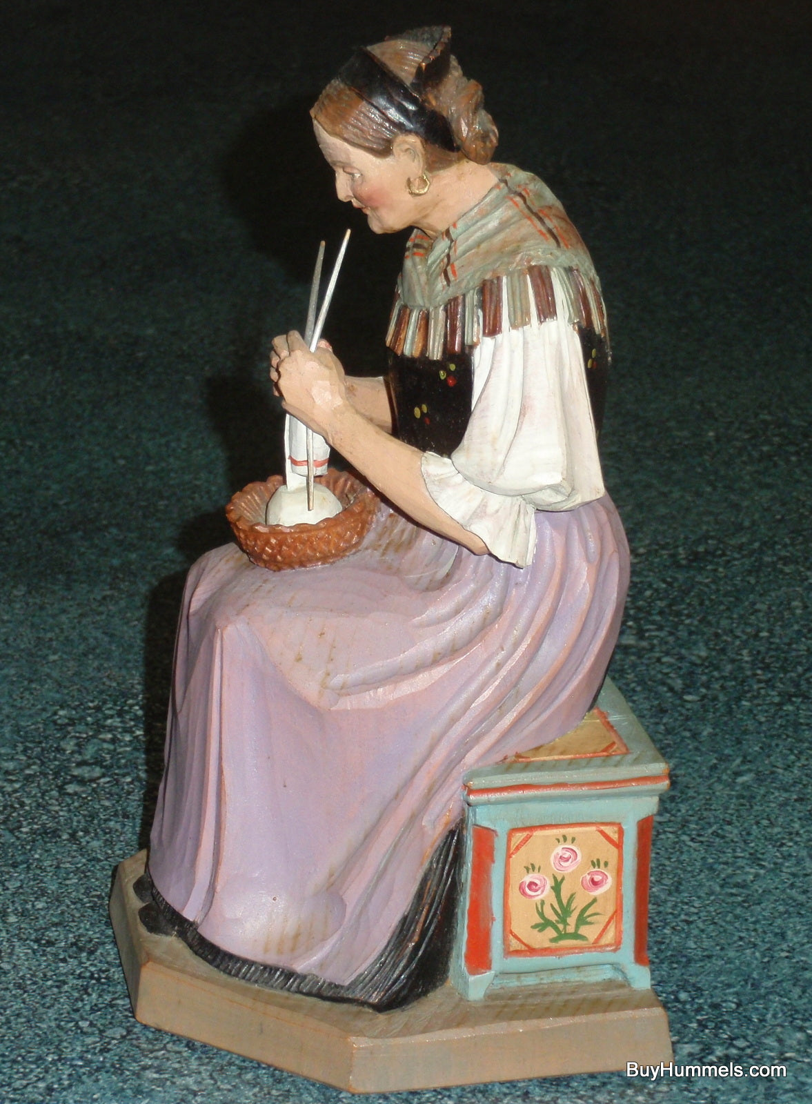 1950s ANRI Hand Carved Seated Woman Knitting Signed M.K. Kaslatter RARE FIND!