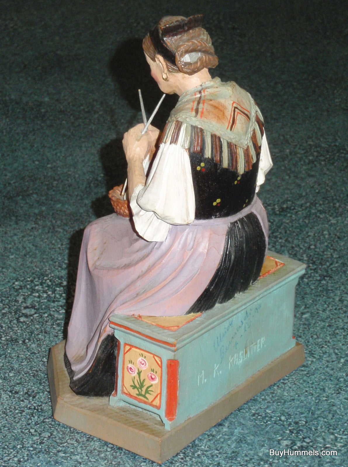 1950s ANRI Hand Carved Seated Woman Knitting Signed M.K. Kaslatter RARE FIND!