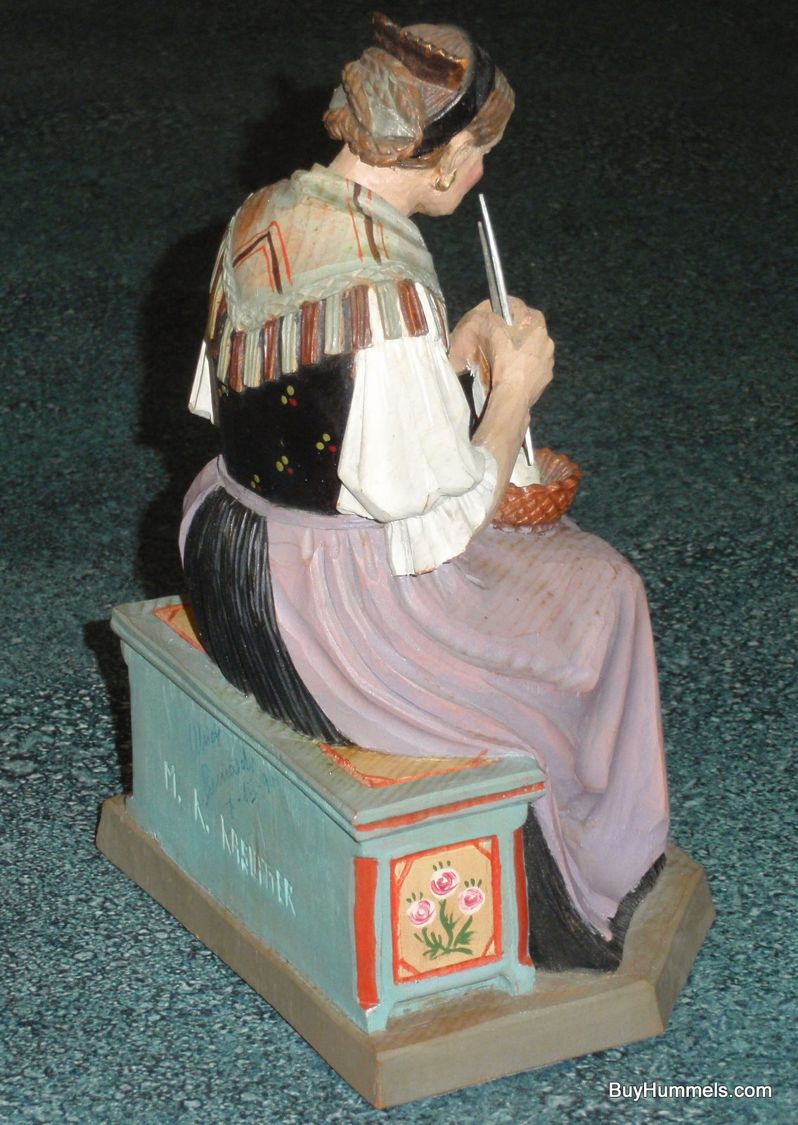 1950s ANRI Hand Carved Seated Woman Knitting Signed M.K. Kaslatter RARE FIND!