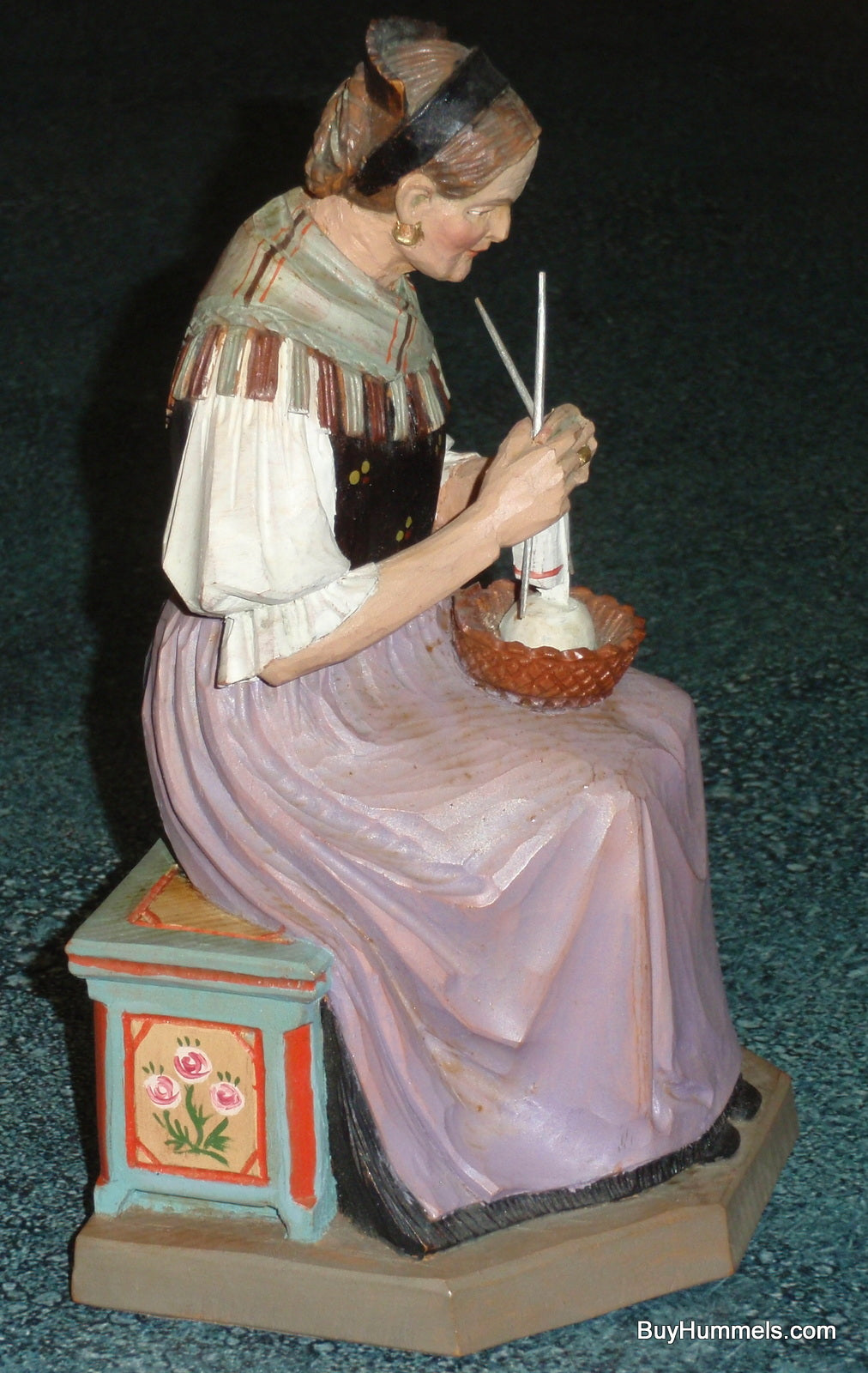 1950s ANRI Hand Carved Seated Woman Knitting Signed M.K. Kaslatter RARE FIND!