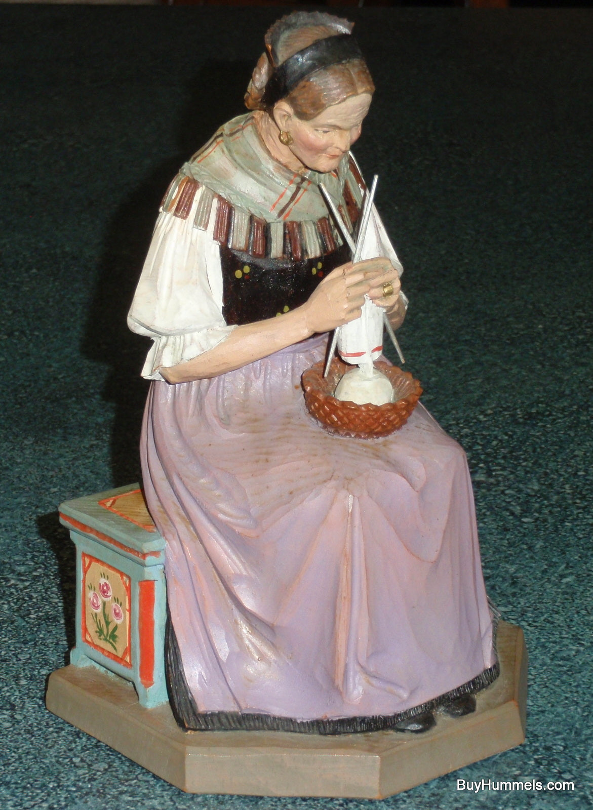 1950s ANRI Hand Carved Seated Woman Knitting Signed M.K. Kaslatter RARE FIND!