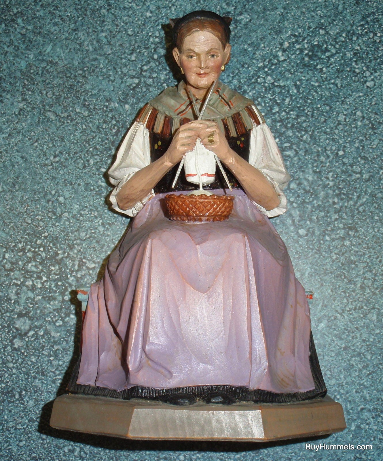 1950s ANRI Hand Carved Seated Woman Knitting Signed M.K. Kaslatter RARE FIND!