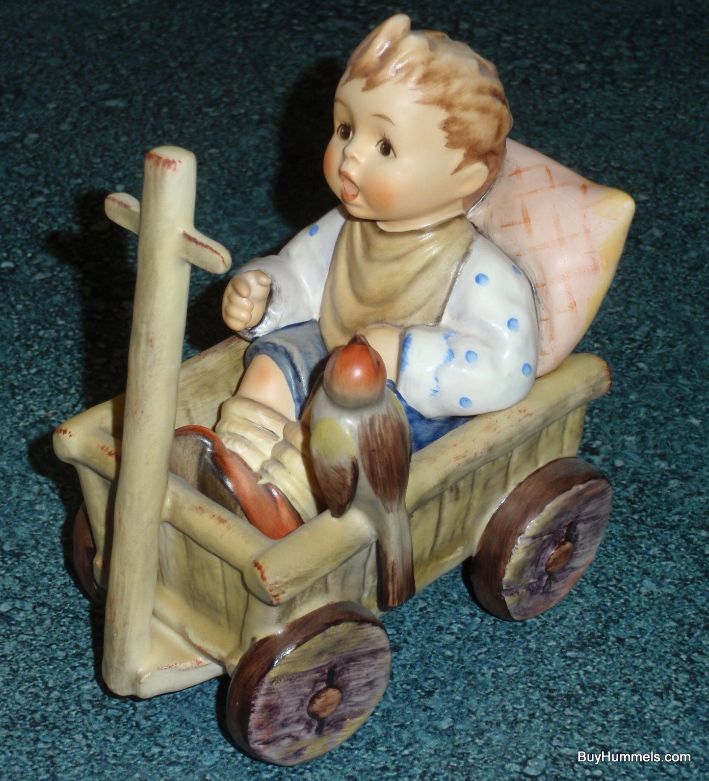 "I'm Carefree" Goebel Hummel Figurine #633 - Boy In Wagon With Songbird By His Side!
