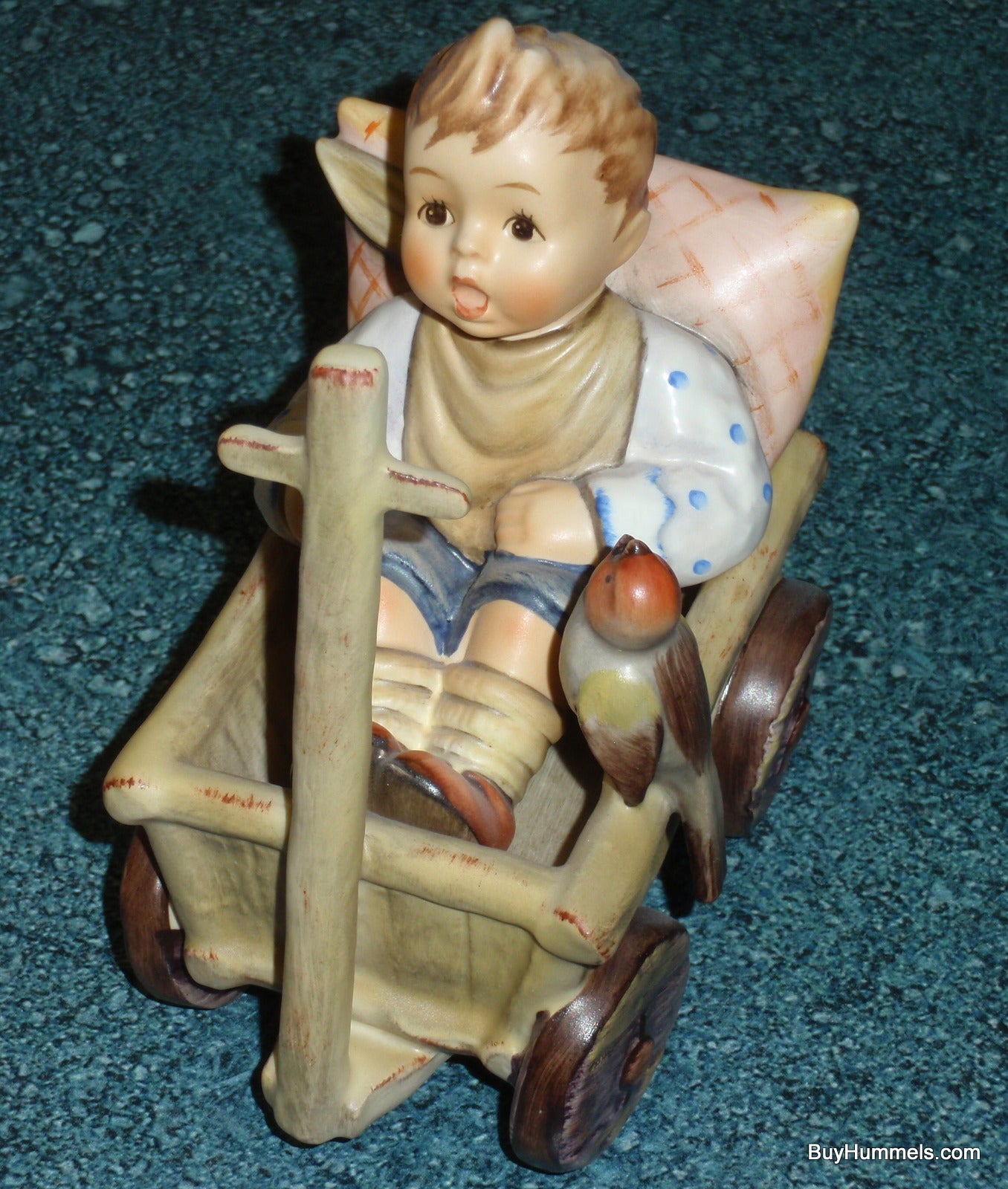 "I'm Carefree" Goebel Hummel Figurine #633 - Boy In Wagon With Songbird By His Side!