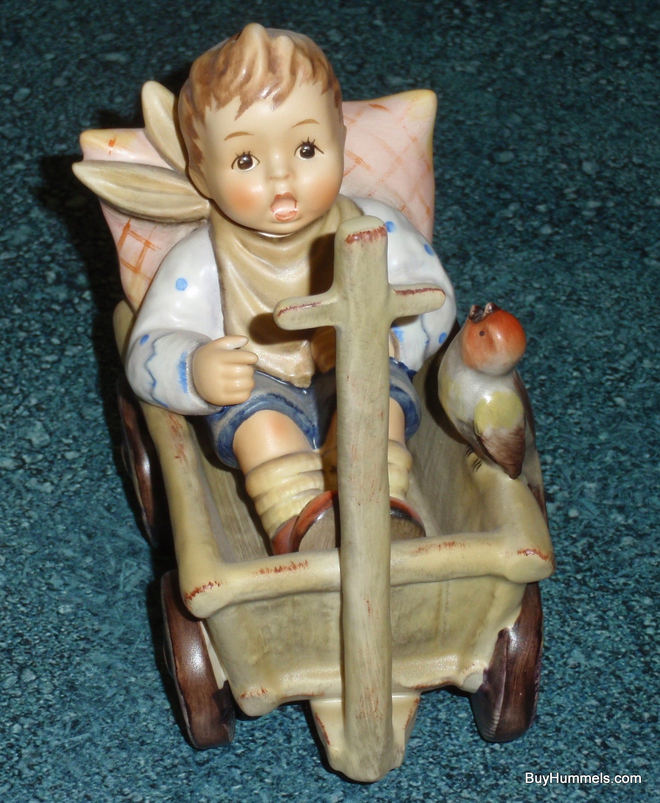 "I'm Carefree" Goebel Hummel Figurine #633 - Boy In Wagon With Songbird By His Side!