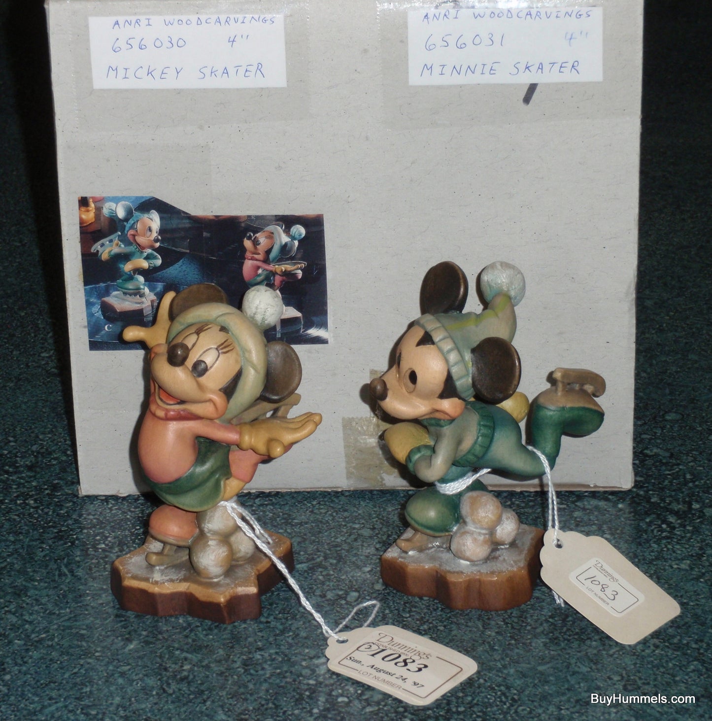 ANRI Disney Mickey & Minnie Mouse Ice Skating LE Woodcarved Figure Set With Original Box - Ultra Rare - Disney Collectible Gift!