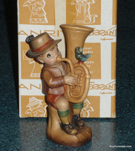 Anri "Umpapa" Hand Carved 4" Wood Figurine With Original Box - Boy Playing Tuba With Song Bird!