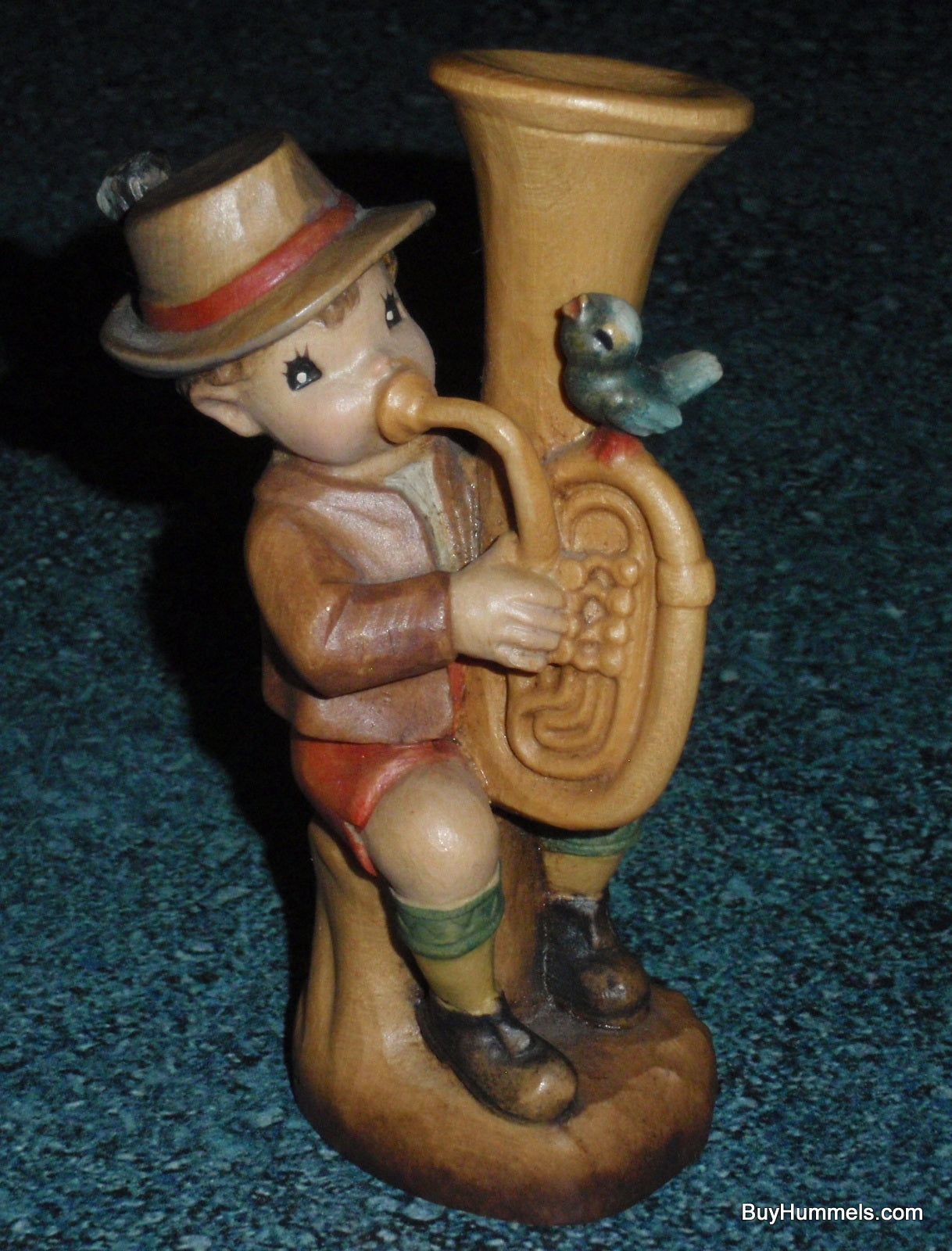 Anri "Umpapa" Hand Carved 4" Wood Figurine With Original Box - Boy Playing Tuba With Song Bird!