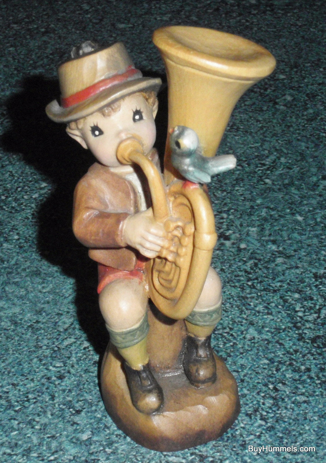 Anri "Umpapa" Hand Carved 4" Wood Figurine With Original Box - Boy Playing Tuba With Song Bird!