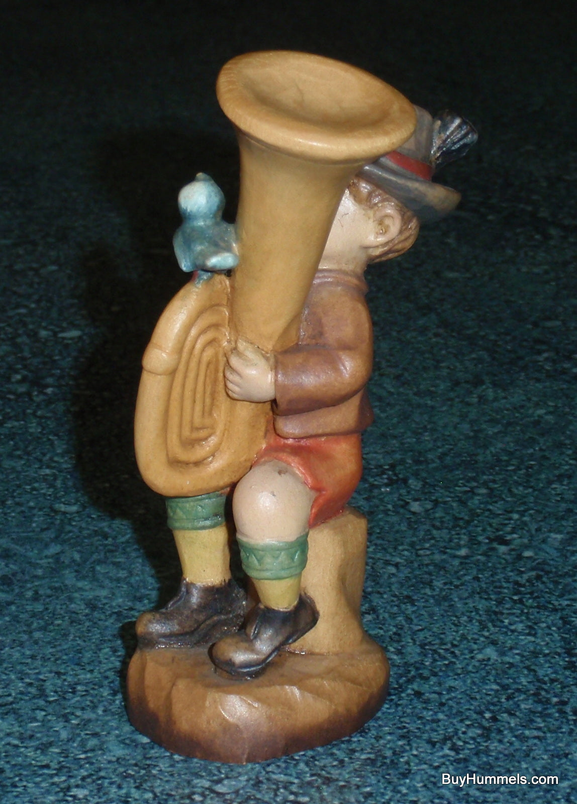 Anri "Umpapa" Hand Carved 4" Wood Figurine With Original Box - Boy Playing Tuba With Song Bird!