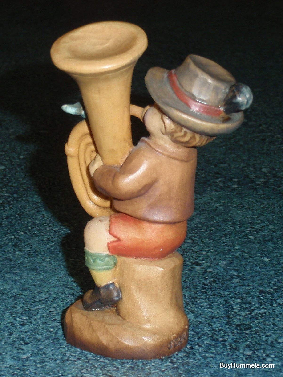 Anri "Umpapa" Hand Carved 4" Wood Figurine With Original Box - Boy Playing Tuba With Song Bird!
