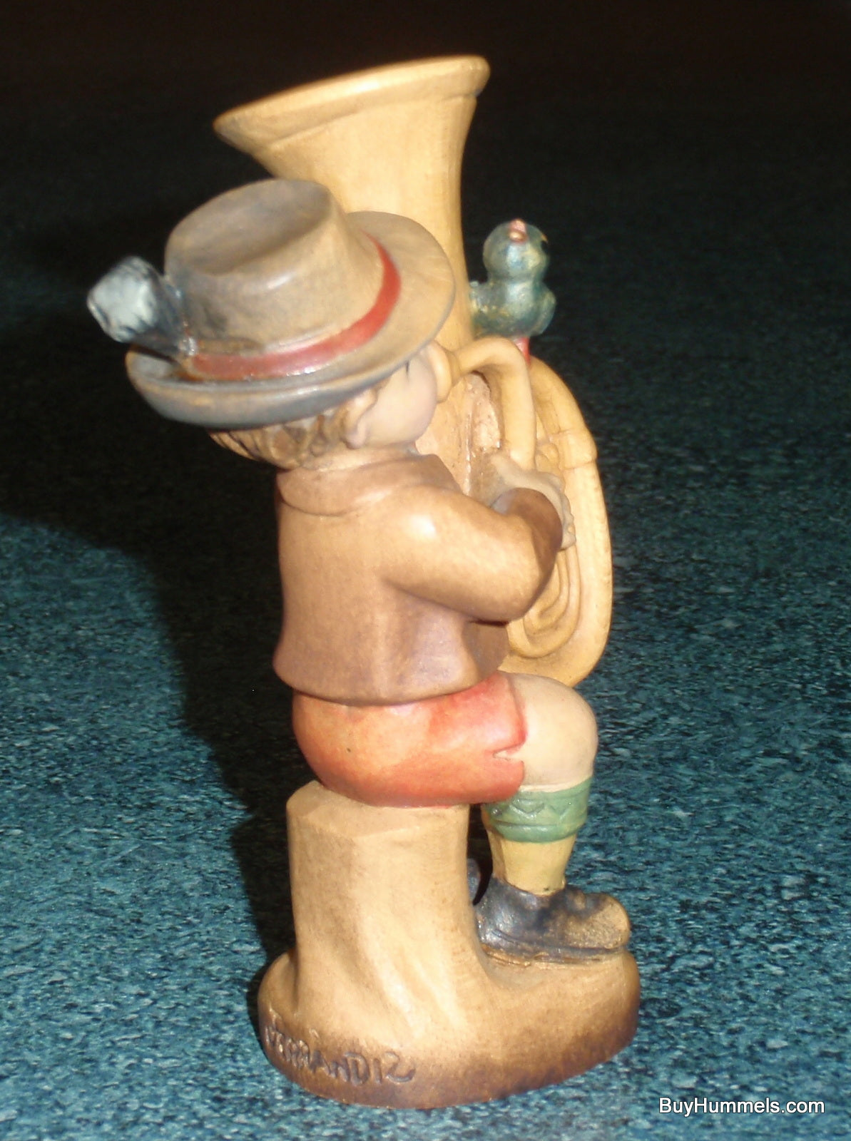 Anri "Umpapa" Hand Carved 4" Wood Figurine With Original Box - Boy Playing Tuba With Song Bird!