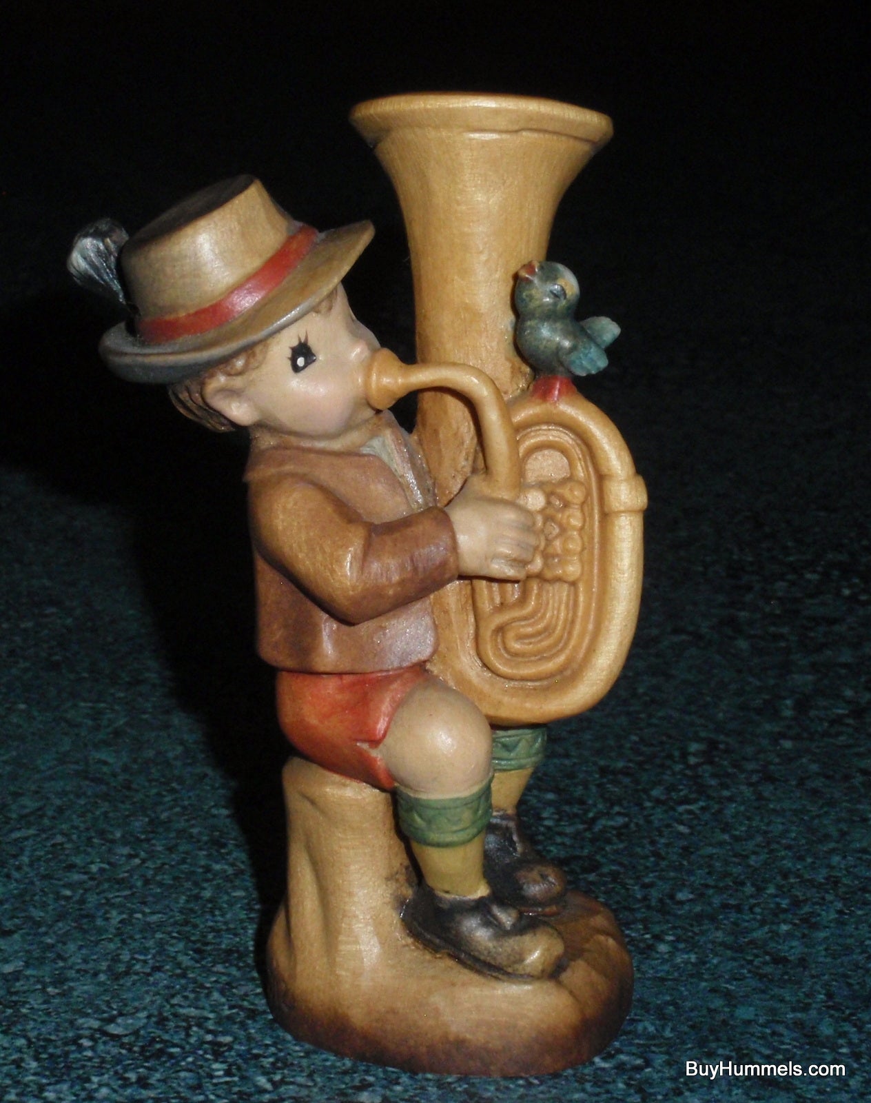 Anri "Umpapa" Hand Carved 4" Wood Figurine With Original Box - Boy Playing Tuba With Song Bird!