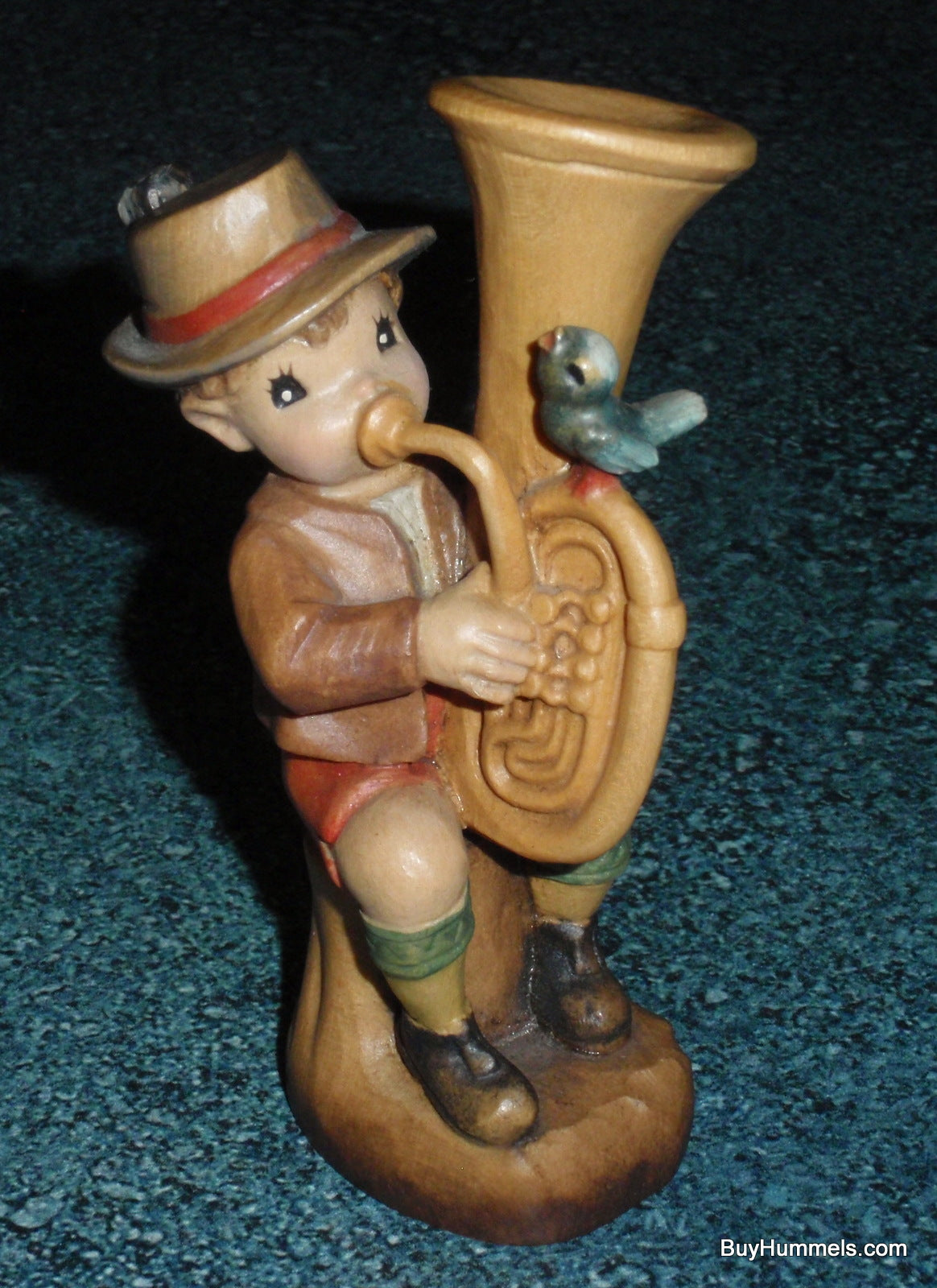 Anri "Umpapa" Hand Carved 4" Wood Figurine With Original Box - Boy Playing Tuba With Song Bird!