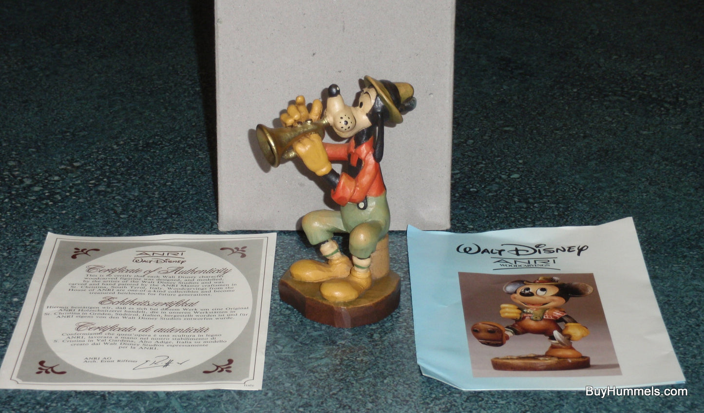 ANRI Wood Carving 4" Figurine From Italy Disney's GOOFY W/ Horn Signed With Box!