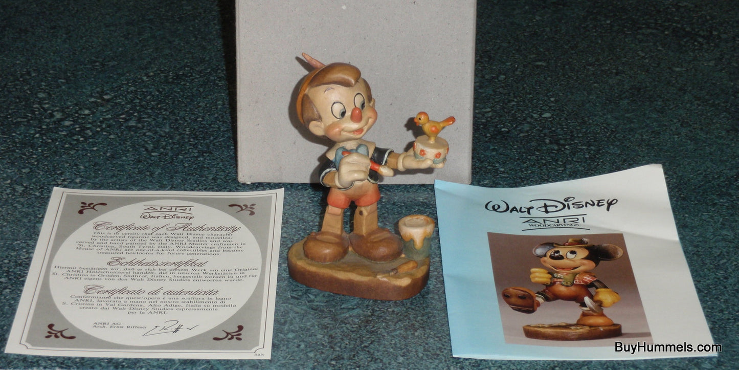Anri Disney Pinocchio Wood Carved 4" Figurine Italy #656003 Signed With Original Box And COA