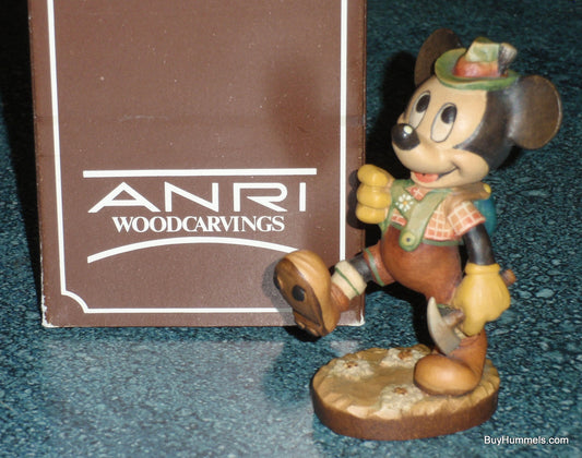 Anri Mickey Mouse Hiker 4" Disney Wood Carving Figurine Signed With Original Box #656001