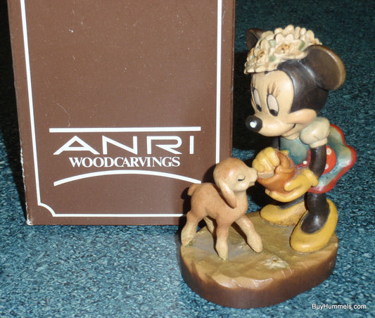 Anri Disney MINNIE MOUSE Feeding Lamb Wood Carved 4" Figure Signed With Original Box - Rare Disneyana Collectible Gift!