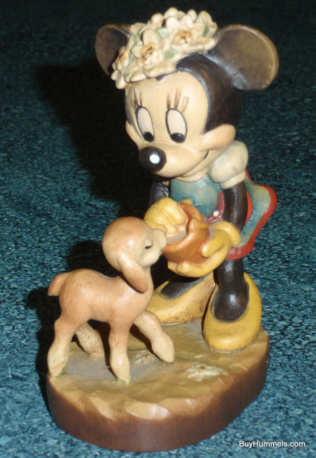 Anri Disney MINNIE MOUSE Feeding Lamb Wood Carved 4" Figure Signed With Original Box - Rare Disneyana Collectible Gift!