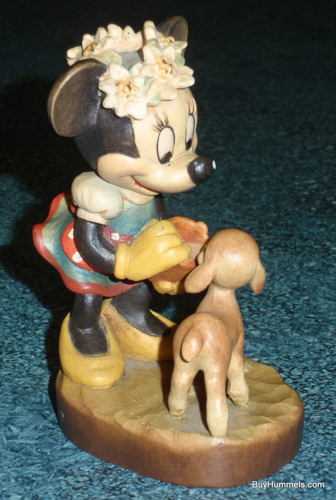 Anri Disney MINNIE MOUSE Feeding Lamb Wood Carved 4" Figure Signed With Original Box - Rare Disneyana Collectible Gift!