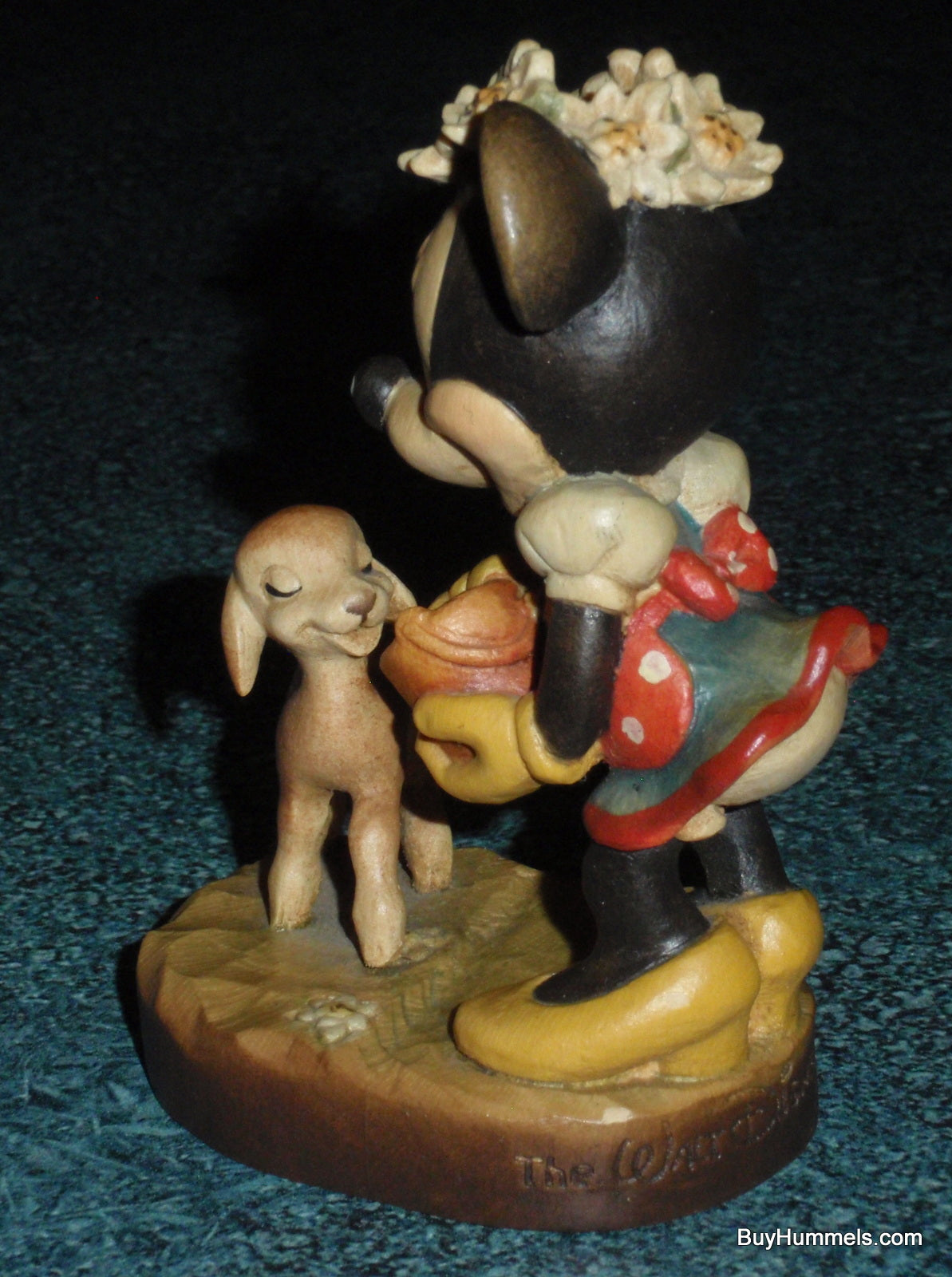 Anri Disney MINNIE MOUSE Feeding Lamb Wood Carved 4" Figure Signed With Original Box - Rare Disneyana Collectible Gift!
