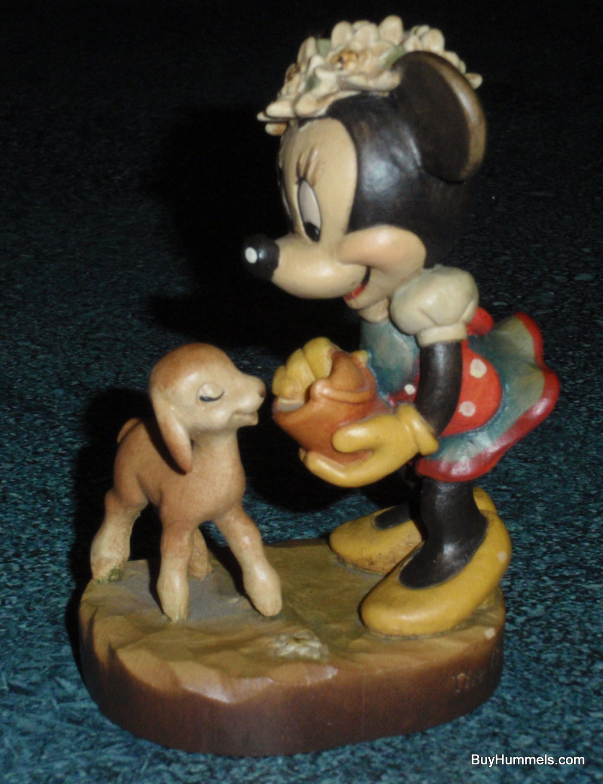 Anri Disney MINNIE MOUSE Feeding Lamb Wood Carved 4" Figure Signed With Original Box - Rare Disneyana Collectible Gift!