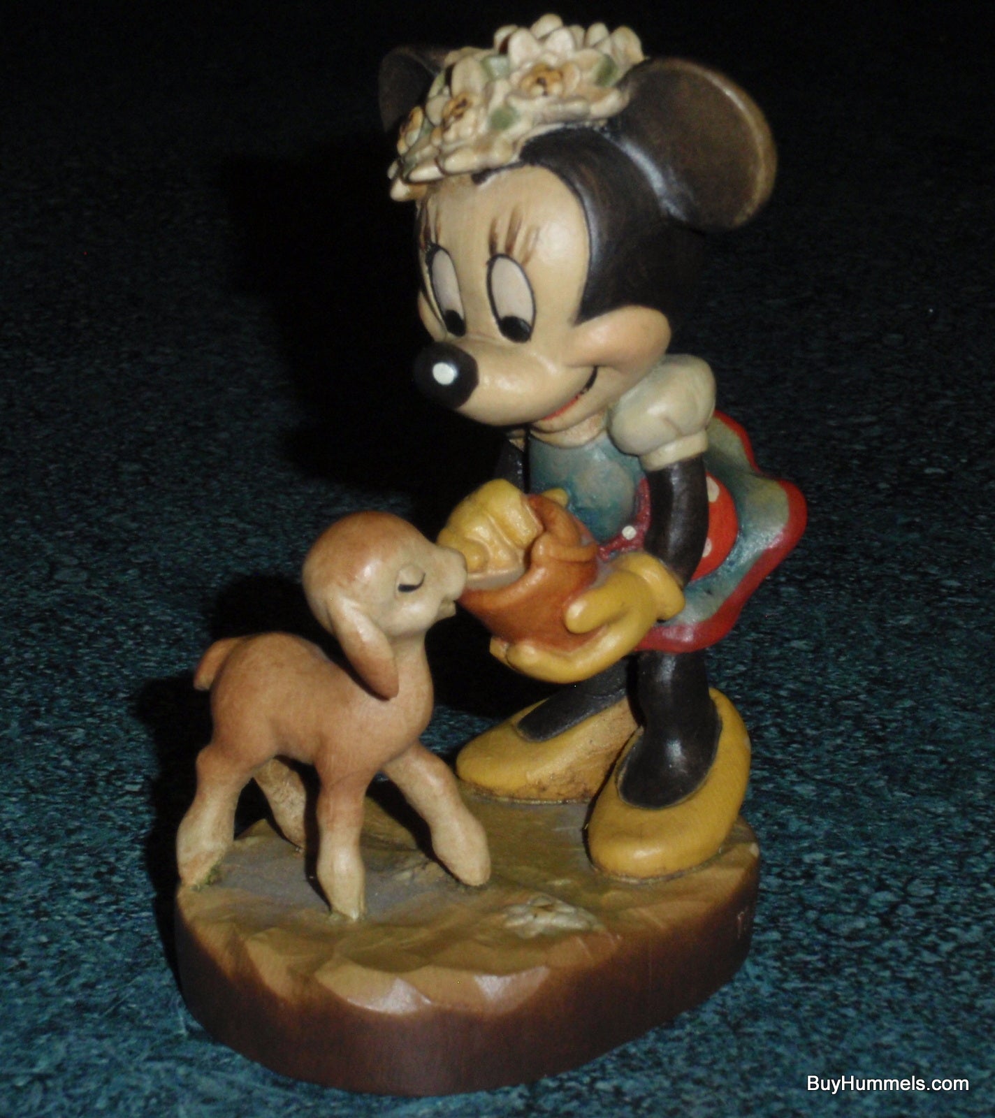 Anri Disney MINNIE MOUSE Feeding Lamb Wood Carved 4" Figure Signed With Original Box - Rare Disneyana Collectible Gift!