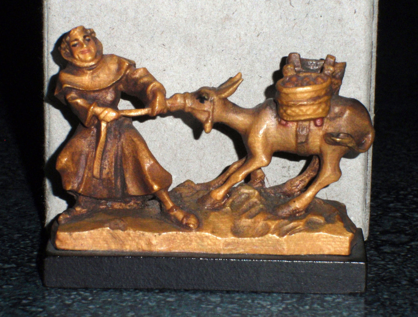 Italian Anri Miniature Wood Carving of Monk and Stubborn Donkey SIGNED With Original Box!
