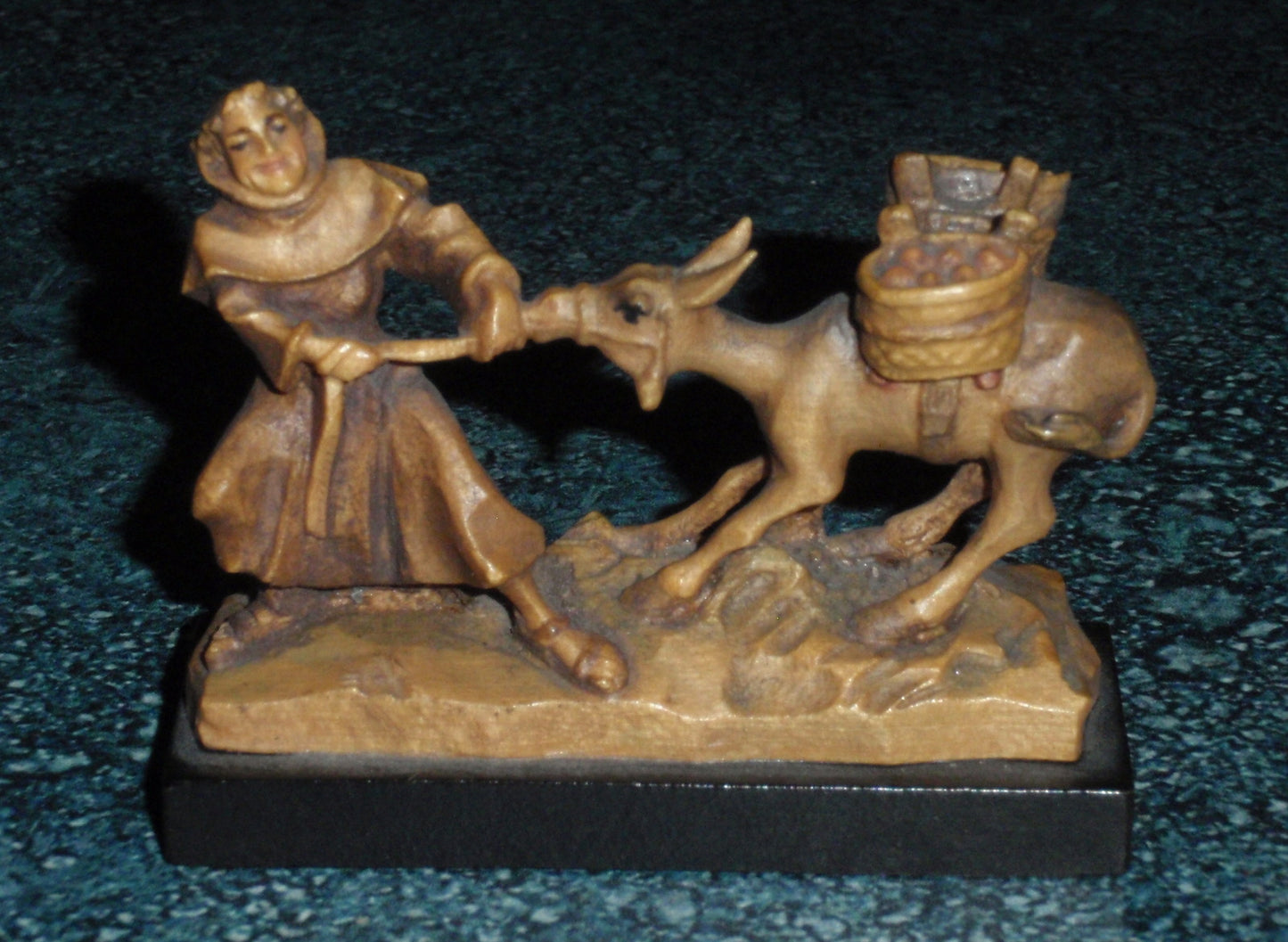 Italian Anri Miniature Wood Carving of Monk and Stubborn Donkey SIGNED With Original Box!