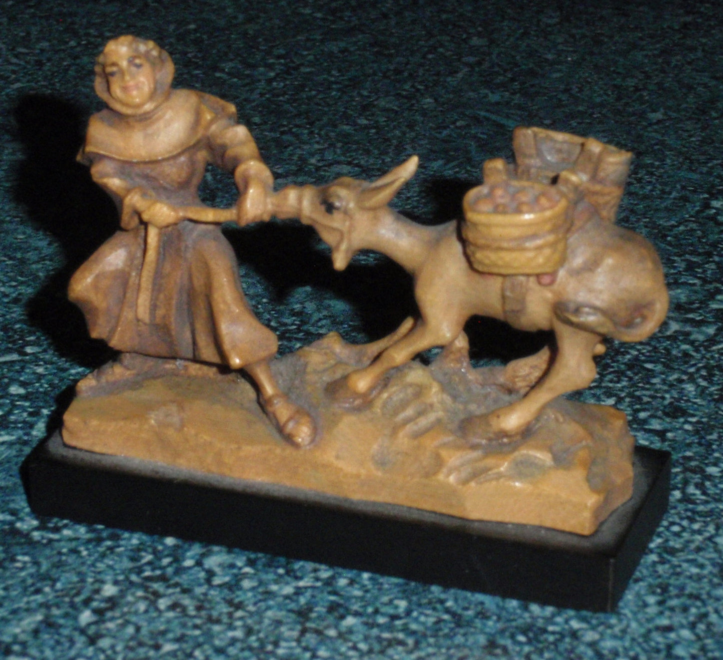 Italian Anri Miniature Wood Carving of Monk and Stubborn Donkey SIGNED With Original Box!