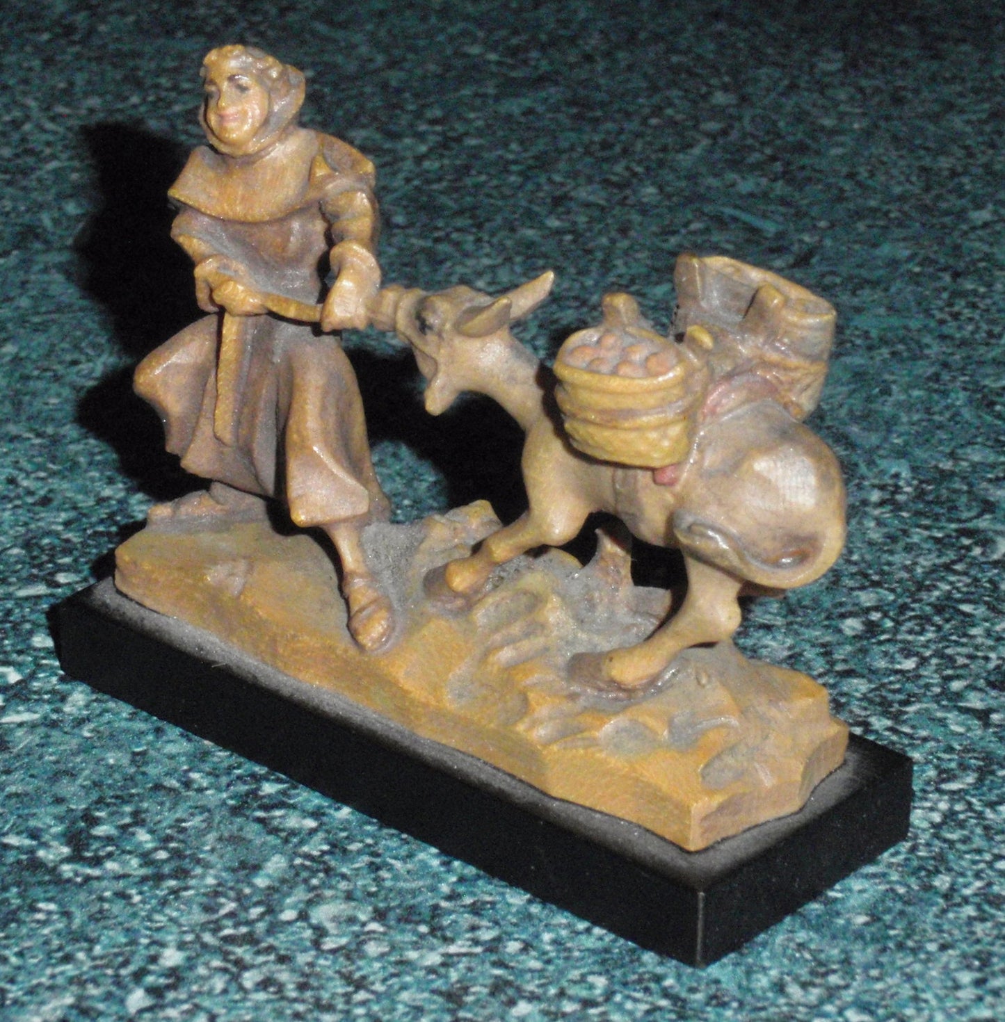 Italian Anri Miniature Wood Carving of Monk and Stubborn Donkey SIGNED With Original Box!