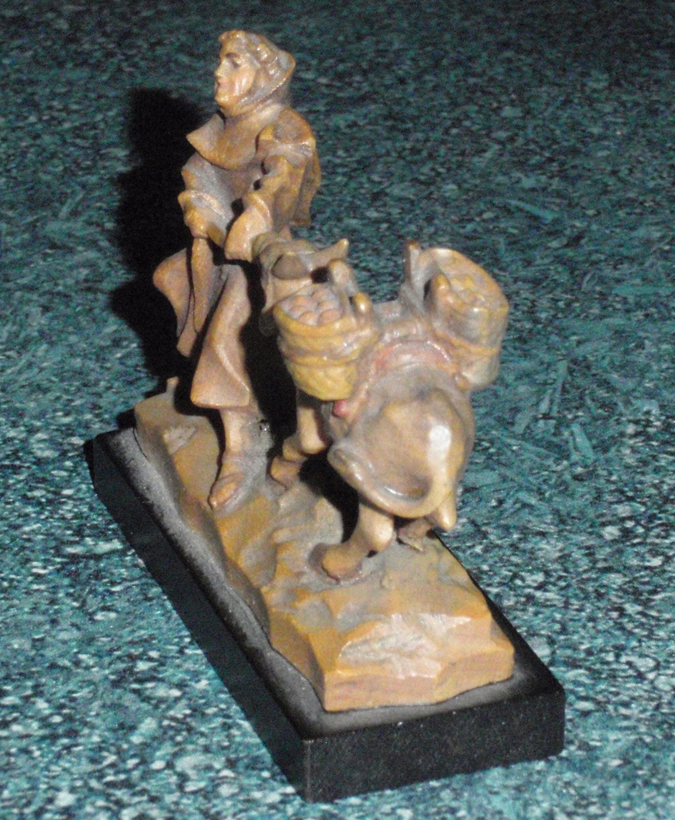 Italian Anri Miniature Wood Carving of Monk and Stubborn Donkey SIGNED With Original Box!