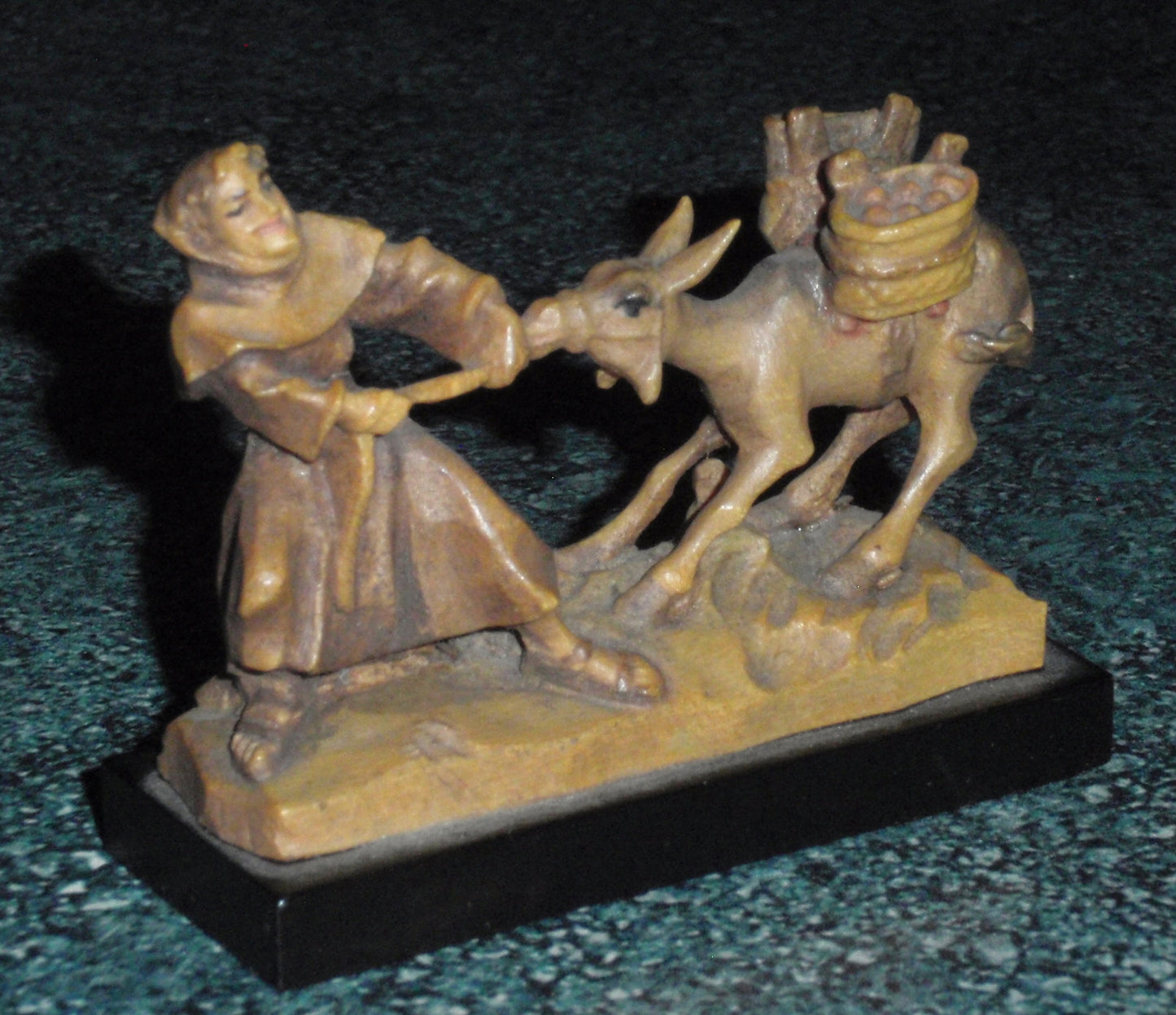 Italian Anri Miniature Wood Carving of Monk and Stubborn Donkey SIGNED With Original Box!