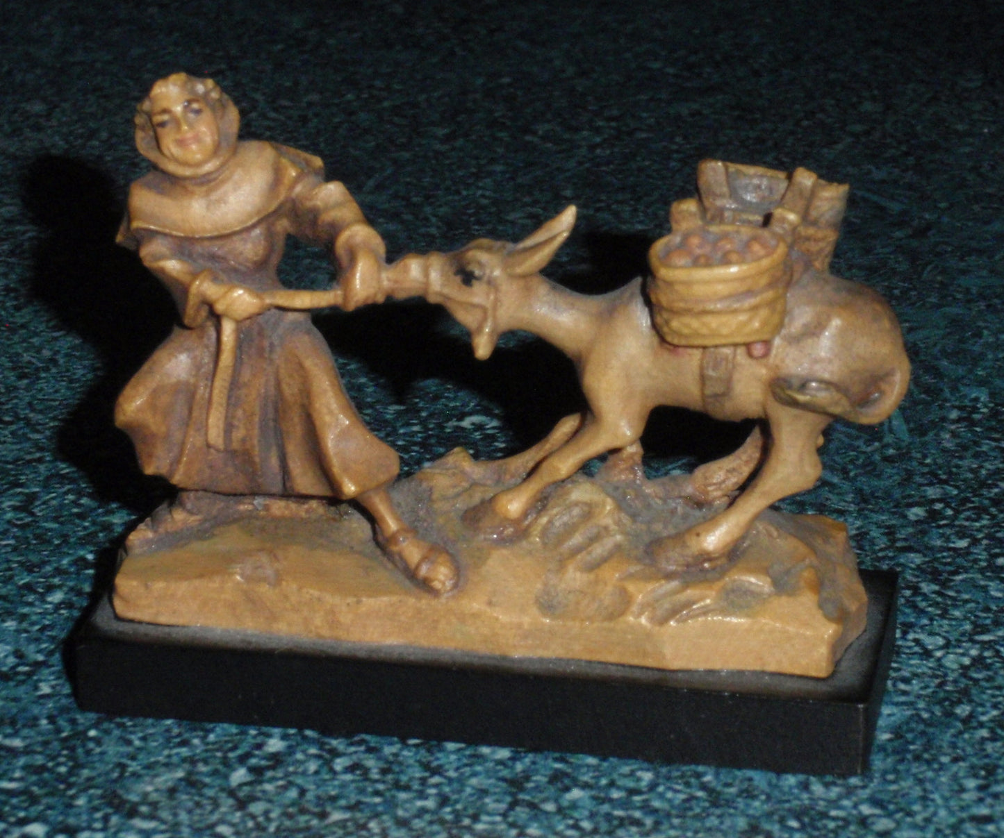 Italian Anri Miniature Wood Carving of Monk and Stubborn Donkey SIGNED With Original Box!