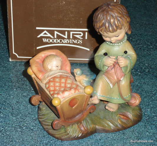 Anri 6" Wood Carving Figurine "Rock A Bye" Made In Italy - Adorable Baby Shower Gift - Signed By Ulrich Bernardi With Box!