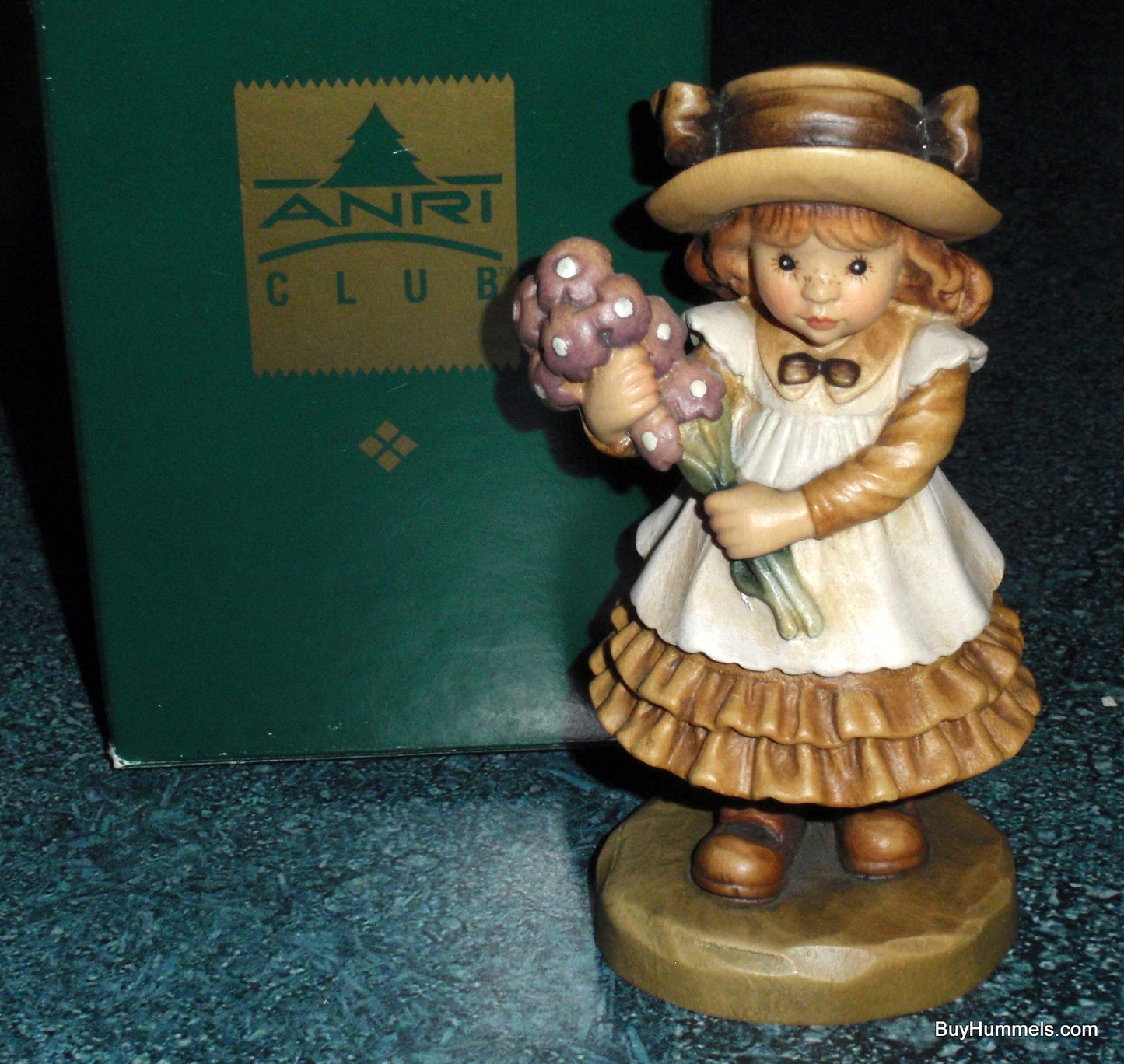 ANRI 4" Wood Carving Sarah Kay “My Present for You” Figurine With Original Box - Little Girl With Bouquet!