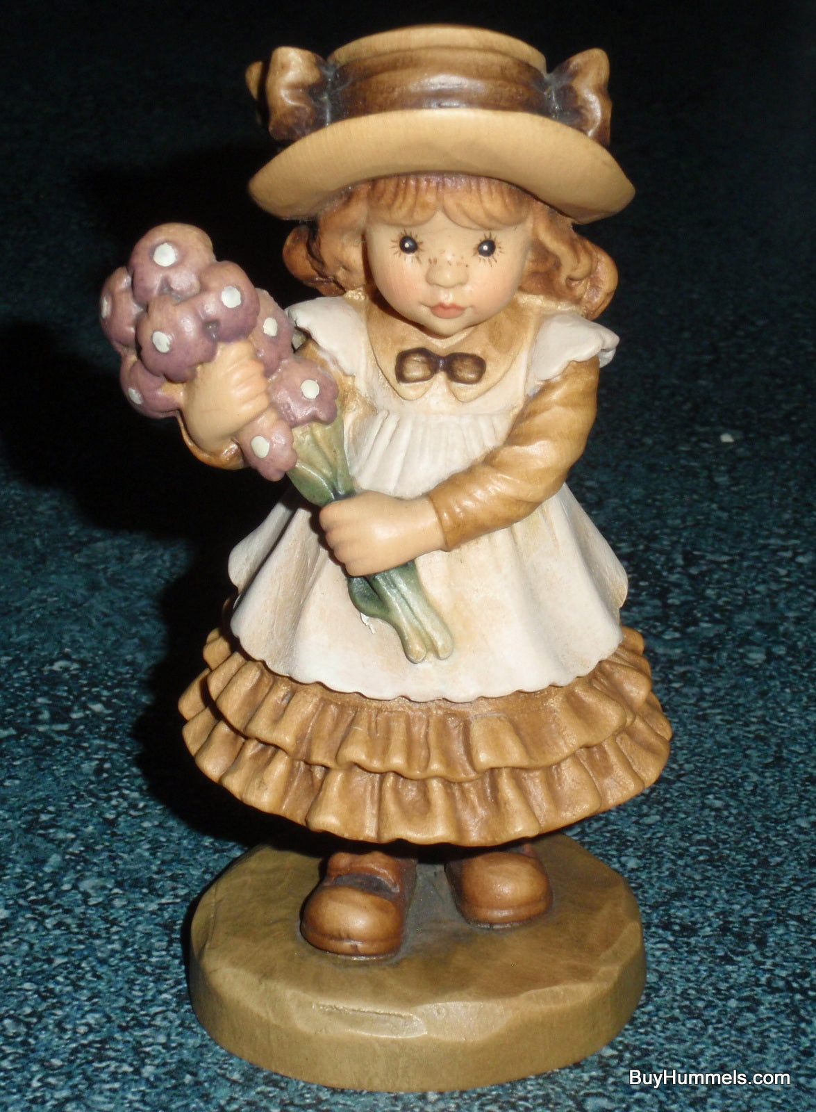 ANRI 4" Wood Carving Sarah Kay “My Present for You” Figurine With Original Box - Little Girl With Bouquet!