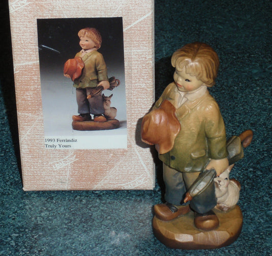 ANRI Ferrandiz Wood Carved Figurine "Truly Yours" Boy with Rabbit & Umbrella With Original Box - Cute Collectible Gift From Italy!
