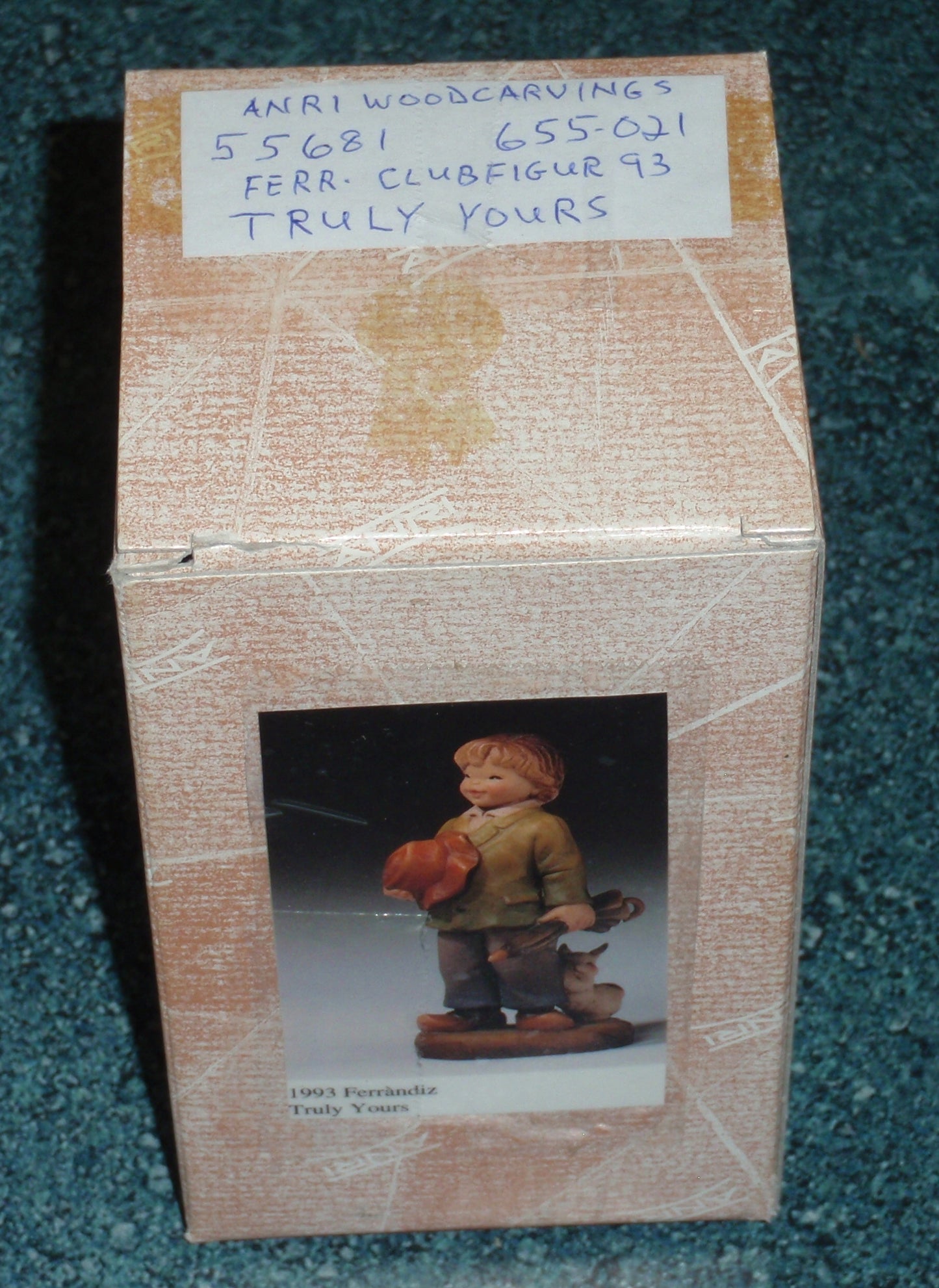 ANRI Ferrandiz Wood Carved Figurine "Truly Yours" Boy with Rabbit & Umbrella With Original Box - Cute Collectible Gift From Italy!