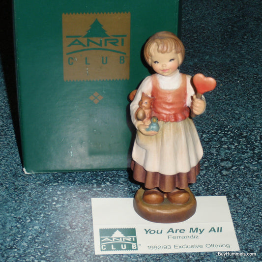 Anri Club Ferrandiz "You Are My All" Wood Carved Figurine With Original Box - Little Girl With Squirrel & Bird - Adorable Italian Gift!