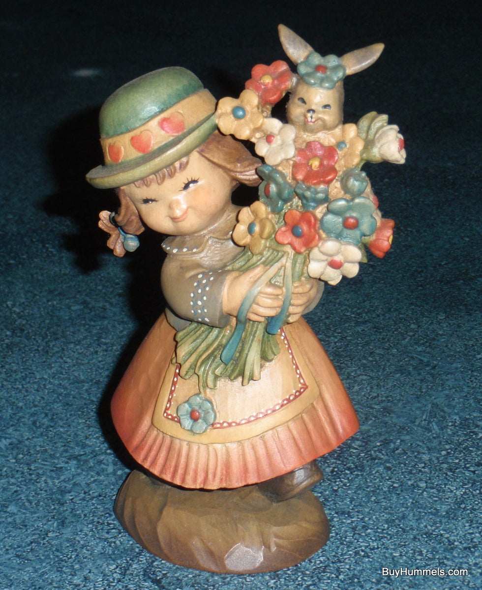 "Flower Girl" ANRI Juan FERRANDIZ 6" Wood Carved Figure Girl W/ Bunny & Flowers!