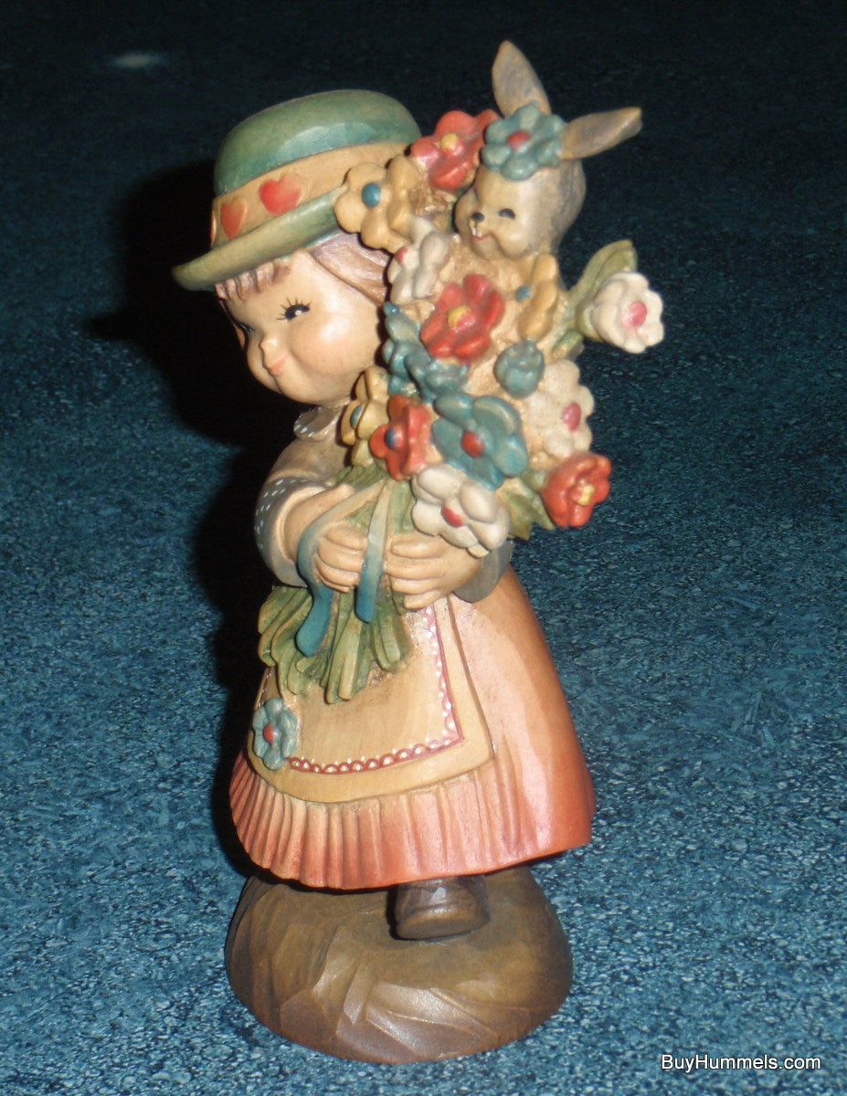 "Flower Girl" ANRI Juan FERRANDIZ 6" Wood Carved Figure Girl W/ Bunny & Flowers!