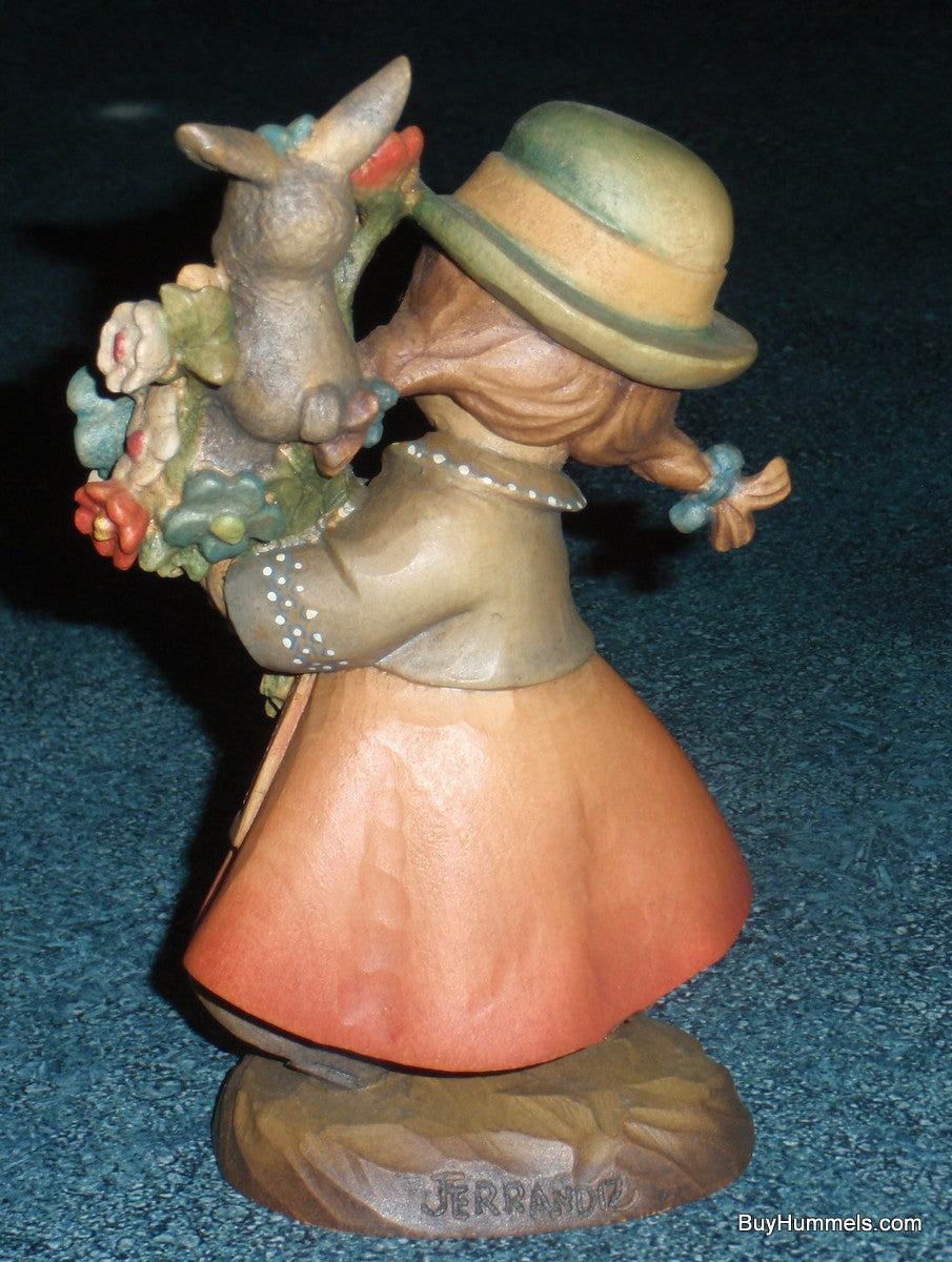 "Flower Girl" ANRI Juan FERRANDIZ 6" Wood Carved Figure Girl W/ Bunny & Flowers!