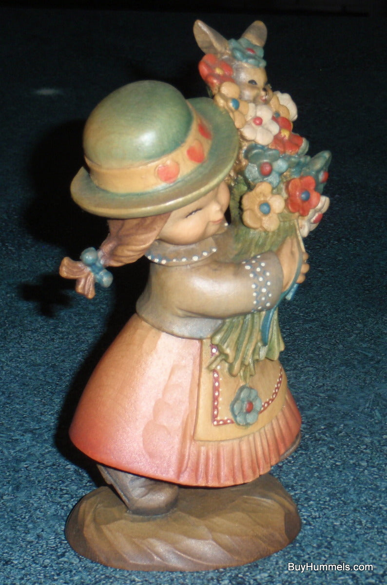 "Flower Girl" ANRI Juan FERRANDIZ 6" Wood Carved Figure Girl W/ Bunny & Flowers!