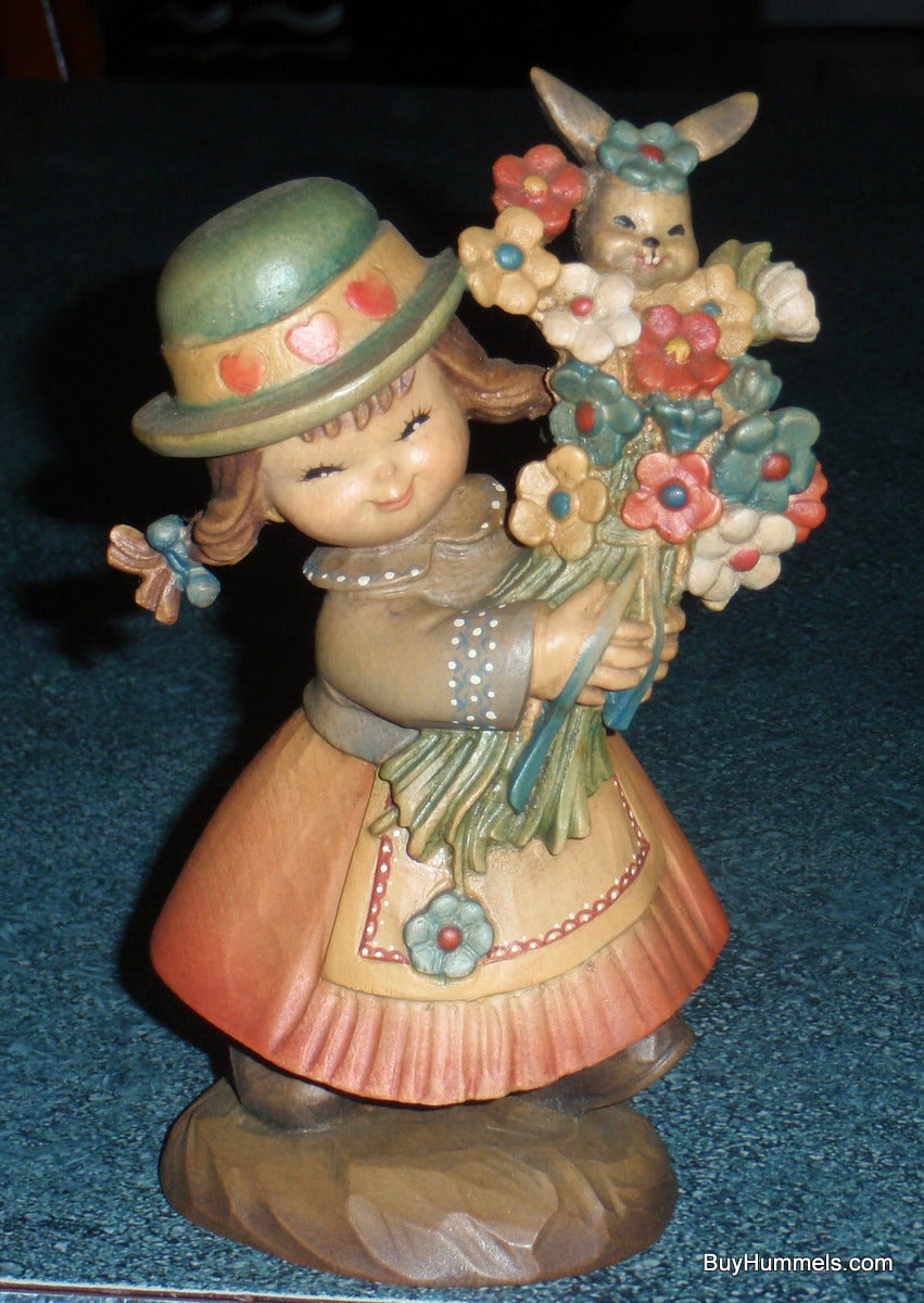 "Flower Girl" ANRI Juan FERRANDIZ 6" Wood Carved Figure Girl W/ Bunny & Flowers!
